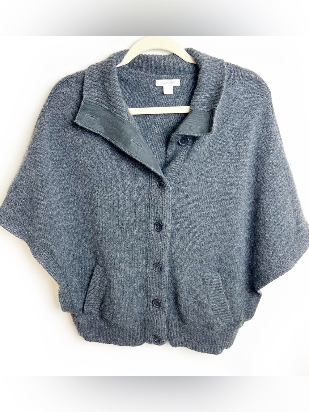 Garnet Hill Lambswool Angora Poncho look Sweater | Charcoal Gray Button Front |